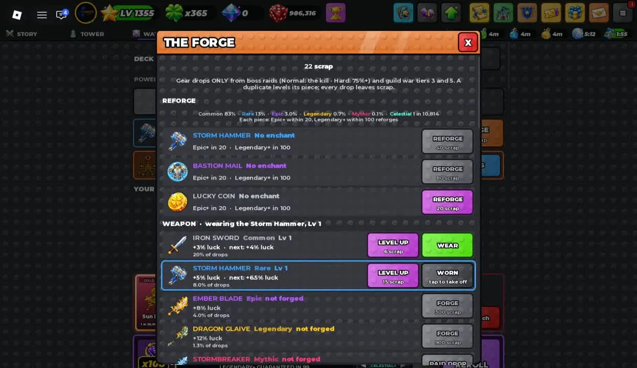 Forge header, reforge controls and weapon luck rows