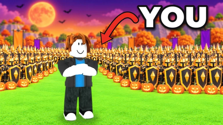 Roll A Stickman official artwork showing a Roblox avatar in front of an army in an autumn setting