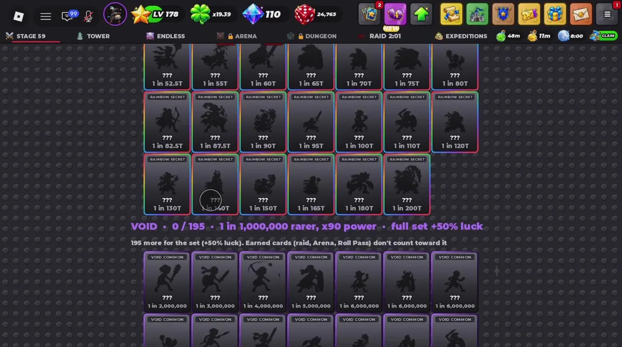 VOID section in the card Index showing rarity, power and set notes